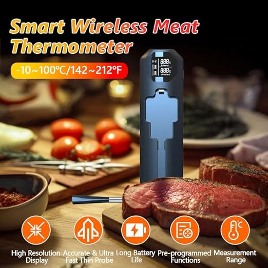 Smart Meat Thermometer-Smart Meat Thermometer Wireless - App Monitoring, Ambient Temperature Sensor, Alarm Reminders, 820-Foot Range, Suitable for Smokers, Barbecues, Turkeys, Beef, and Cooking