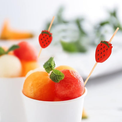 Minisland Red Strawberry Cocktail Picks, 4.7 Inch Long Bamboo Fancy Toothpicks for Appetizers, Decorative Spring Summer Tropical Party Food Drinks Garnish Fruit Kabob Skewer Sticks 100 Counts -MSL420