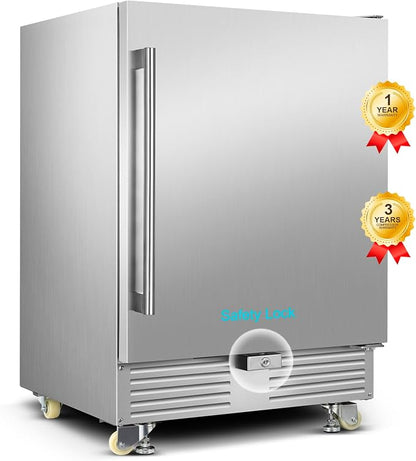 FoMup 24" Undercounter Outdoor Beverage Fridge, Stainless Steel with Wheels | Waterproof exterior, 180 cans capacity, for outdoor kitchen patio, Digital thermostat, Adjustable shelves, Safety lock