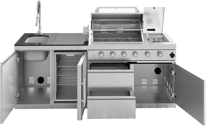 85" Modular Outdoor Kitchen Island with Grill and Side Burner, 4-Burner 72,000 BTU Propane BBQ Island, Refrigerator, Sink & Rotisserie, for Backyard and Patio Cooking, Silver