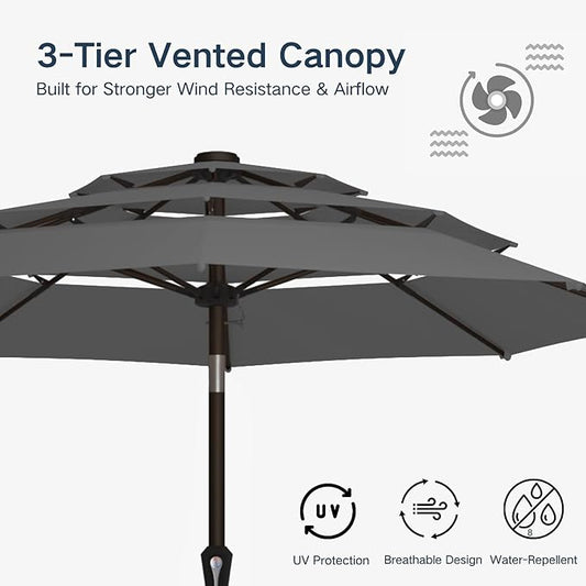 10FT Patio Umbrella 3 Tiers Outdoor Market Umbrella w/Push Button Tilt, Crank, UV and Waterproof Table Umbrella for Garden, Pool, Backyard, Deck, Lawn, Grey