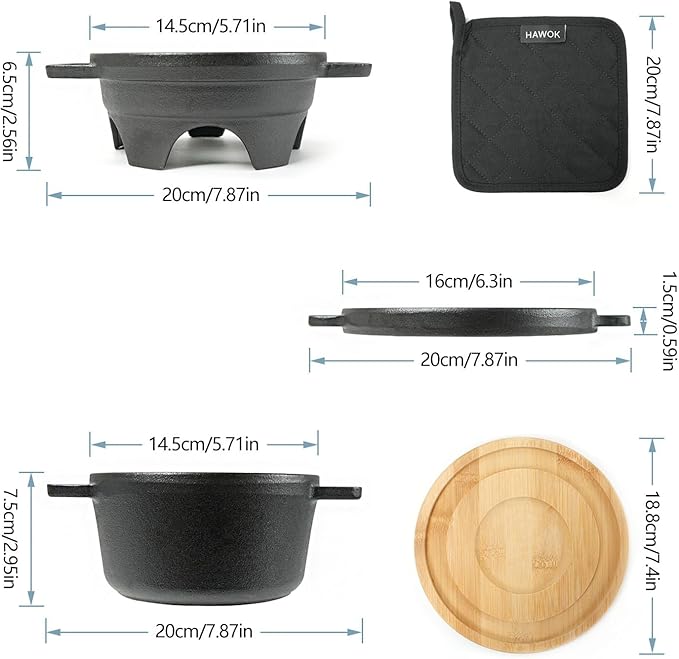HAWOK 6 Piece Stove Set, Potable Cast Iron Charcoal Grill Stove with 1QT Dutch Oven, with Multipurpose Lid, Five-Leg Buffet Tray, Multipurpose Mini BBQ Stove Set