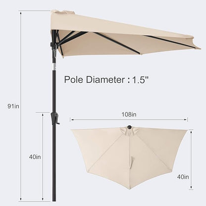 FLAME&SHADE 9ft Half Patio Umbrella - Half Outdoor Umbrella with Tilt UV Protection Waterprool, Half Round Table Umbrella for Wall Balcony, Pool, Porch, Garden, Deck, Market, Backyard (Beige)