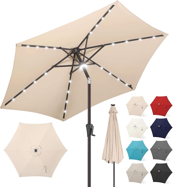 FLAME&SHADE Solar Patio Umbrella with Centre Light, 7.5 FT Beige | UV Protection, Small Solar Outdoor Umbrella for Porch, Deck, Backyard, Garden, Provides Evening Lighting, 24 LED Lights