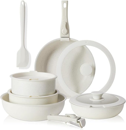 NEWBULIG 12-Piece Nonstick Cookware Set, Detachable Handle Pots and Pans, Induction Compatible Cookware, Dishwasher & Oven Safe, Space-Saving Kitchen Set, Cream White