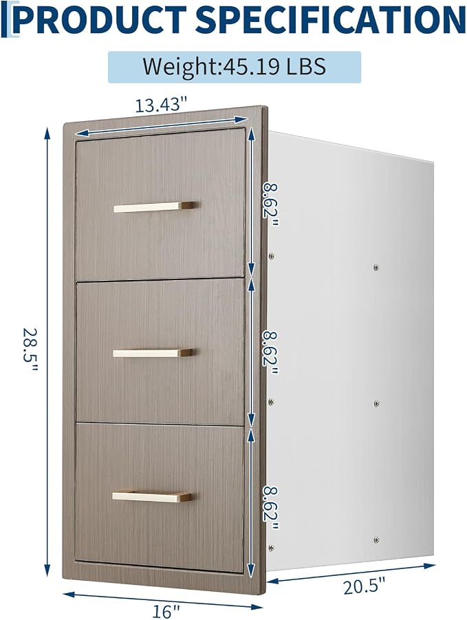 Garvee Outdoor Kitchen Drawers 16" W x 28.5" H x 20.5" D, Flush Mount Triple Access BBQ Drawers with Stainless Steel Handle for Outdoor Kitchens, BBQ Island, Patio Grill Station