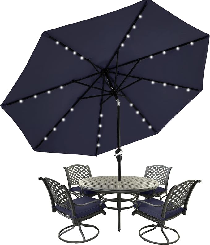 MASTERCANOPY 11ft Patio Umbrella with Solar Lights, Navy Blue | 8 Ribs, 32 Solar LED Lights, Tilt & Crank, UV/Water-Resistant, Easy Setup – Ideal for Garden, Deck, Pool