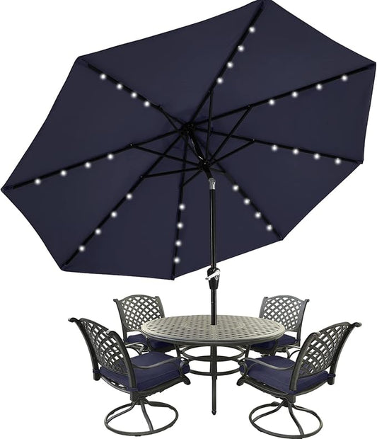 MASTERCANOPY 11ft Patio Umbrella with Solar Lights, Navy Blue | 8 Ribs, 32 Solar LED Lights, Tilt & Crank, UV/Water-Resistant, Easy Setup – Ideal for Garden, Deck, Pool