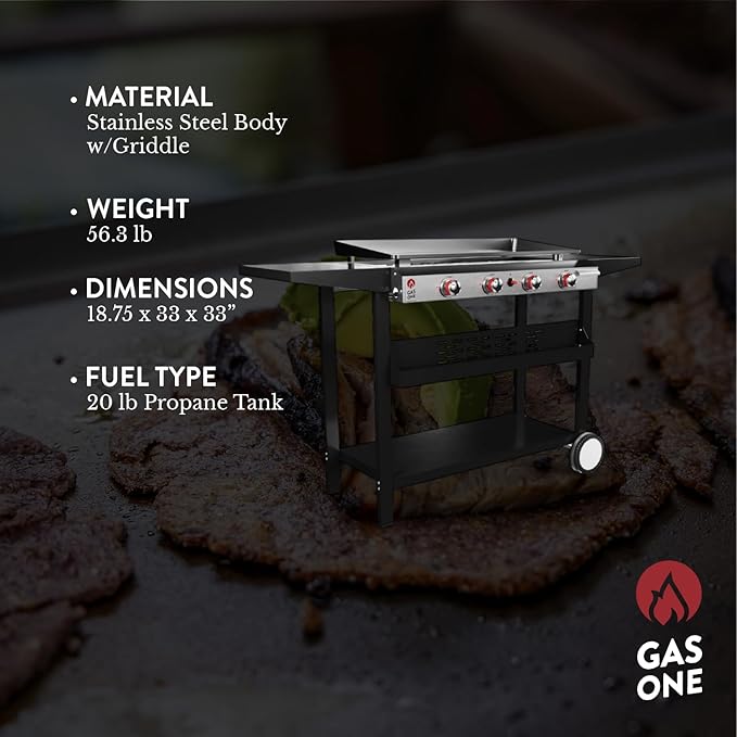 Gas One Flat Top Grill With 4 Burners - Premium Propane Outdoor Grill Cart - Stainless Steel Auto Ignition Camping Griddle - Easy Cleaning Cooking