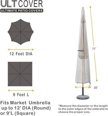 ULTCOVER Patio Parasol 600D Waterproof Outdoor Market Umbrella Cover - Fits Market Umbrella Up to 12 Feet, Black