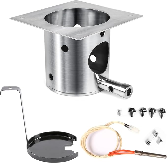 QuliMetal 304 Stainless Steel Fire Burn Pot & Hot Rod Ignitor Kit – Replacement Parts for Traeger & Pit Boss Wood Pellet Grill Smoker, Durable Fire Pot with Ash Remover, Screws and Fuse, Easy Install