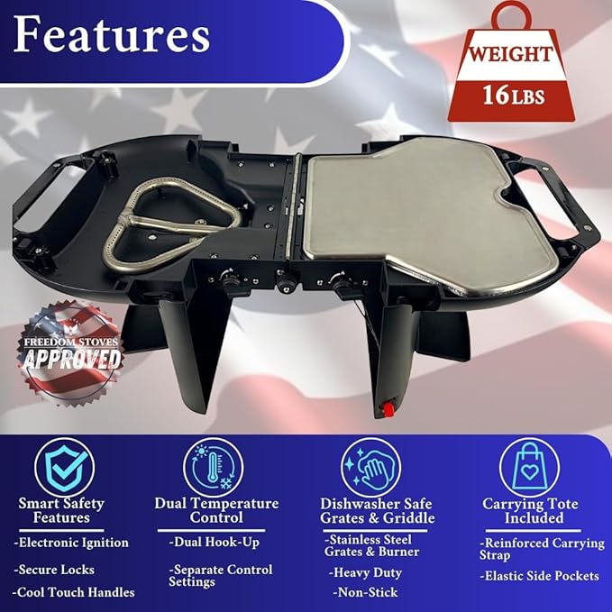 Freedom Stoves Lightweight Portable Gas Grill & Griddle Combo, 9,200 BTU, includes Carrying Tote