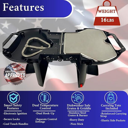 Freedom Stoves Lightweight Portable Gas Grill & Griddle Combo, 9,200 BTU, includes Carrying Tote