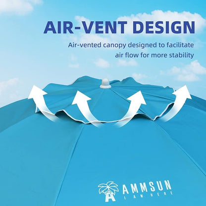 AMMSUN 6.5ft Portable Patio Beach Umbrella for Sand with Tilt, Air Vent | UPF50+ Sun Protection, Windproof Outdoor Umbrellas with Carry Bag, for Patio Beach Garden Pool Backyard, Sky Blue