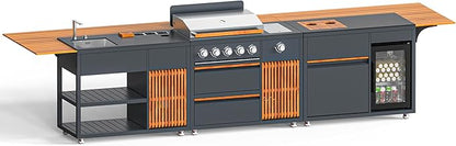 Outdoor Kitchen Island, Powder Coated Stainless Steel Cabinet, LP Grill, Sink, Fridge, Movable BBQ Station Set with Natural Teak Board for Backyard, Patio, Deck, Terrace (Grey, 3 SET)