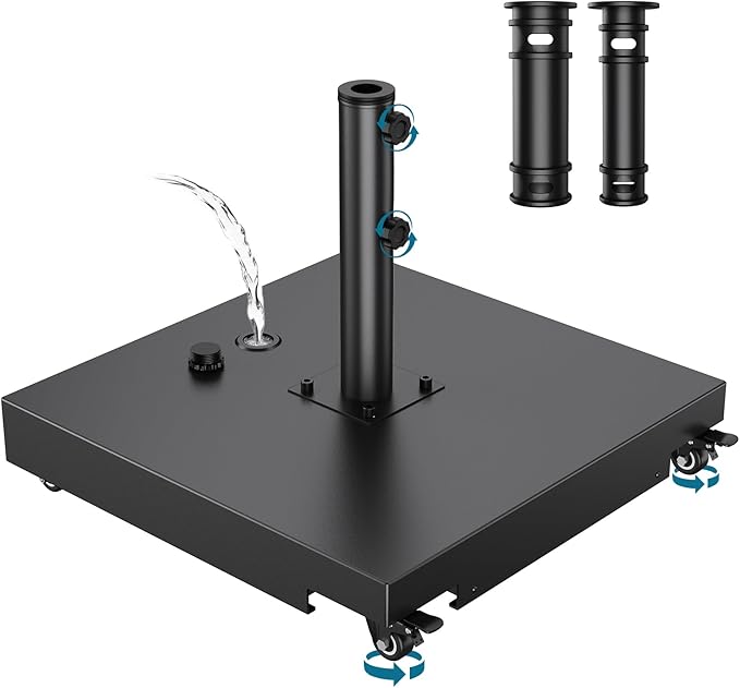 Metal Umbrella Base, 21 inch Heavy Duty Umbrella Stand with 4 Wheels | 140 lbs Max Capacity Fillable Base, 2 Locks & 2 Knobs, Rust-Resistant & Windproof Design for Outdoor, Patio, Poolside