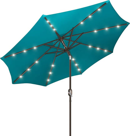 9ft Patio Umbrella with Solar Lights, Outdoor Umbrella with 24 LED Solar Umbrella Lights, Solar Patio Umbrella with Push Botton Tilt & Crank Ideal for Garden, Deck, Backyard & Pool, Teal Green
