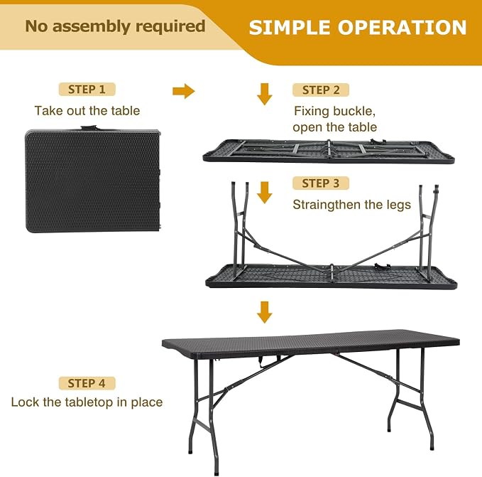 PayLessHere 6ft Folding Tables,Plastic Resin Table with Collapsible Alloy Steel Frame,Plastic Table for Indoor,Outdoor,Camping,BBQ,Picnic,Black Ratten