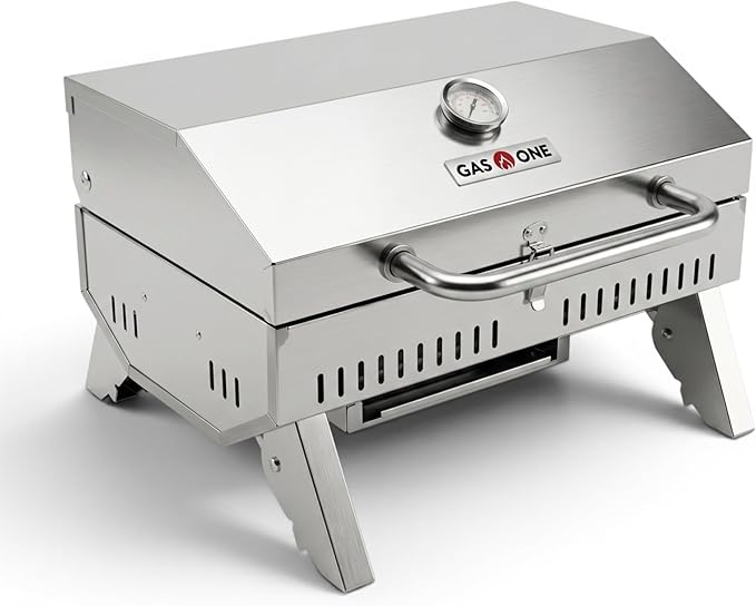 GasOne Portable Propane Grill – 18-inch Stainless Steel Tabletop Grill – Tabletop Gas Grill with Heat Control and Built-In Thermometer – Large Cooking Area – Ideal for Outdoor, Camping, Travel, RV