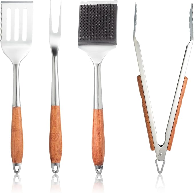 Heavy-Duty Wood BBQ Grilling Accessories Tools Set, Premium Thickened Stainless Steel Barbecue Utensils for Outdoor Grilling