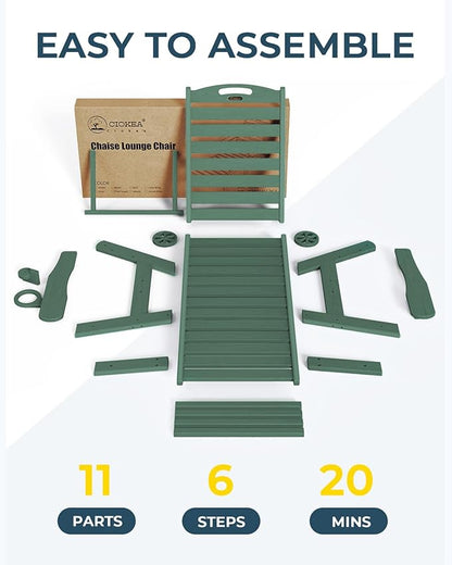 Ciokea Outdoor Lounge Chair Set of 4, All Weather Patio Chaise Lounge Chair for Outside, HDPE Chair with Rolling Wheels & Cup Holder, 5 Position, Deck, Pool, Green