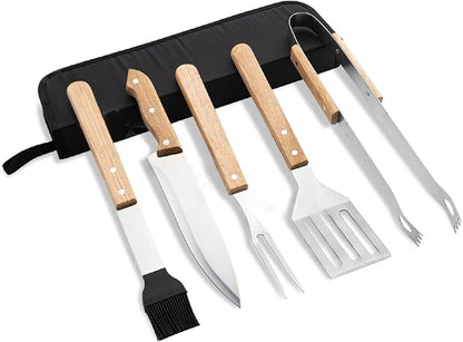 Multifunctional BBQ Grill Tool Set,5 PCS with Carry Bag,Wooden Handles,Griddle Accessories Set,Stainless Steel Grill Spatula Kit for Outdoor Camping Grilling,Party and Picnic,Gift for Men Husband