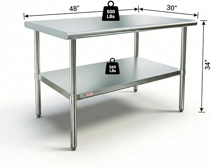 Stainless Steel Prep Table with Undershelf 48x30 Inches 4ft | Heavy Duty Metal Workbench with Adjustable Lower Shelf for Commercial Kitchen Restaurant Laundry Garage Hotel Workshop Chef