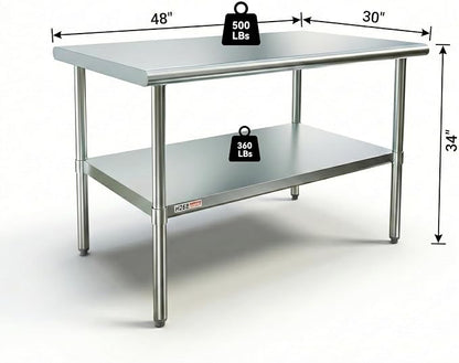 Stainless Steel Prep Table with Undershelf 48x30 Inches 4ft | Heavy Duty Metal Workbench with Adjustable Lower Shelf for Commercial Kitchen Restaurant Laundry Garage Hotel Workshop Chef