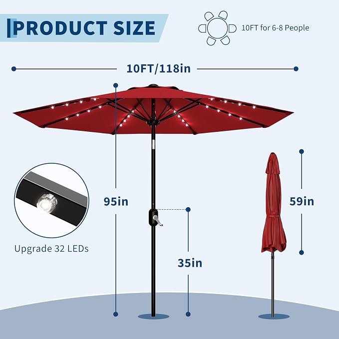 Garvee patio Umbrella with Solar Lights, Outdoor Table Umbrella with 8 Durable Ribs, Tilt & Crank Mechanism, Waterproof & UV Protection for Garden, Backyard, Poolside,