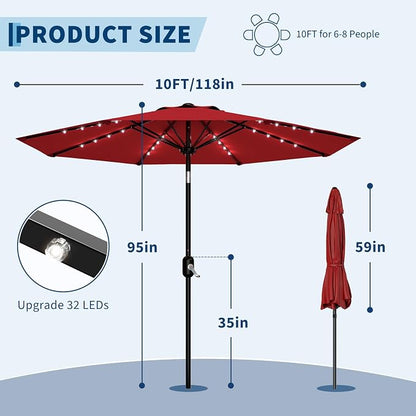 Garvee patio Umbrella with Solar Lights, Outdoor Table Umbrella with 8 Durable Ribs, Tilt & Crank Mechanism, Waterproof & UV Protection for Garden, Backyard, Poolside,