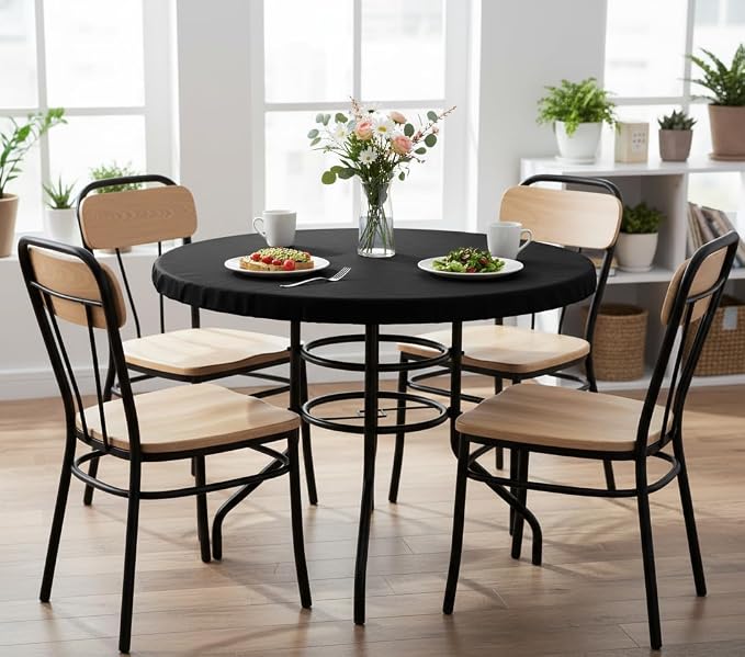 LUSHVIDA Round Waterproof Table Cover Elastic Vinyl Fitted Tablecloth Elastic Edged Plastic Table Cloth (Black, Best for Up to 57"-68" Round)