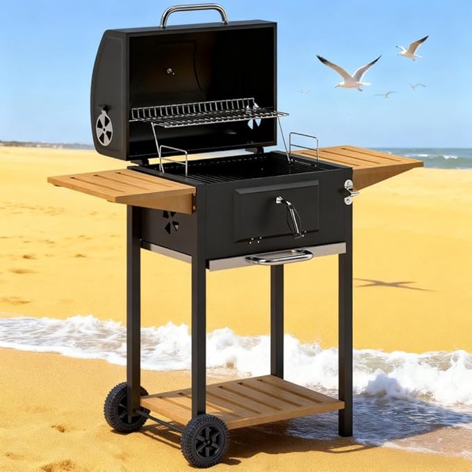 Portable Charcoal Grill for Outdoor Cooking, BBQ Smoker Grill Combo with Adjustable Charcoal Pan, Side Table, Thermometer & Wheels, Easy Clean Ashtray, Outdoor Grills & Smokers for Camping and Backya