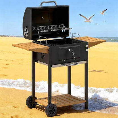 Portable Charcoal Grill for Outdoor Cooking, BBQ Smoker Grill Combo with Adjustable Charcoal Pan, Side Table, Thermometer & Wheels, Easy Clean Ashtray, Outdoor Grills & Smokers for Camping and Backya