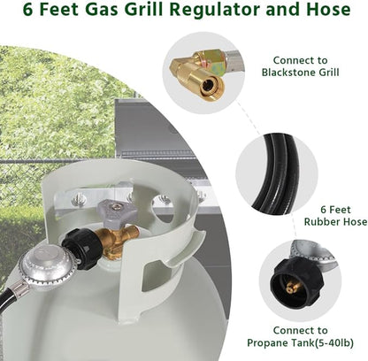 6FT Propane Adapter Hose with Regulator and Elbow Adapter, Fits Blackstone 17 inch and 22 inch Table Top Griddle, Flat Pressure Relief Valve, 3/8'' Connect Fitting