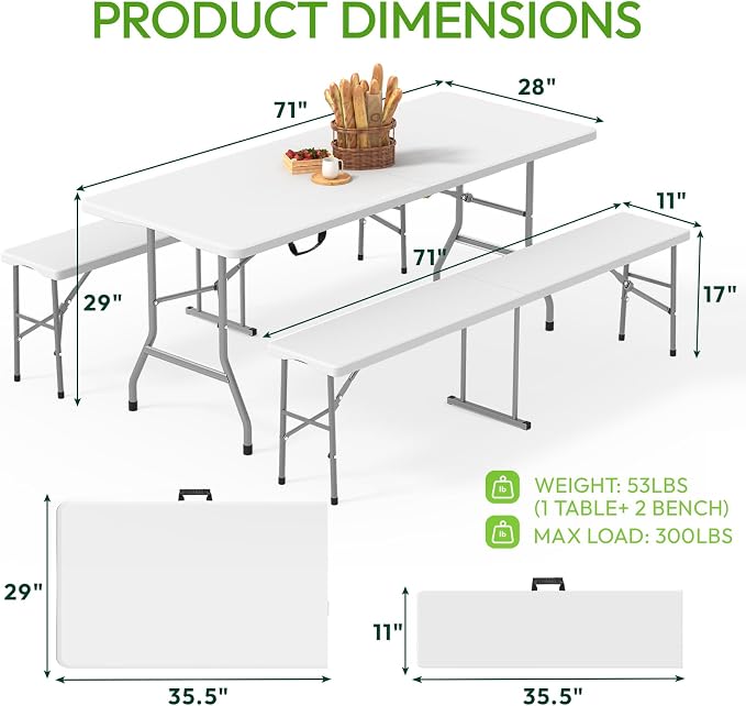 Folding Table Picnic Table Set with 2 Benches, 6 ft Camping Table Chair Set | Foldable Furniture with Handle and Safety Locks, Heavy Duty HDPE, Outdoor Indoor Use, Party, Camping, Picnic, Weddings, White