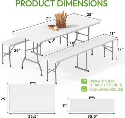Folding Table Picnic Table Set with 2 Benches, 6 ft Camping Table Chair Set | Foldable Furniture with Handle and Safety Locks, Heavy Duty HDPE, Outdoor Indoor Use, Party, Camping, Picnic, Weddings, White