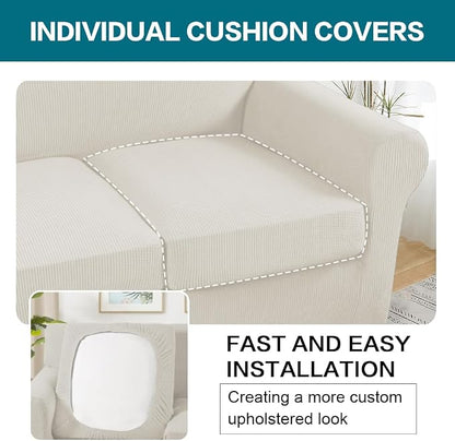 Turquoize 4 Piece Sofa Covers for 3 Cushion Couch Sofa Slipcover Soft Couch Cover for Dogs-Washable Sofa Furniture Covers with 3 Individual Large Cushion Covers (XL Sofa, Cream)