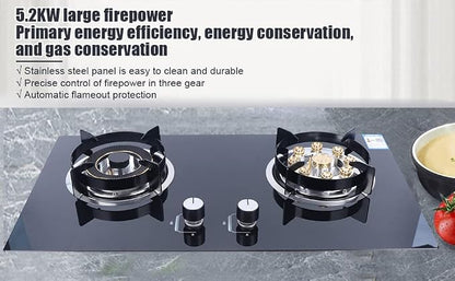Gas Stove Cooktop, Gas Stove Built-in Tempered Glass, Windproof Pot Racks Natural Gas Cooker Gas Cooktop with 2 Burners for used in home kitchens, homestays, and other places