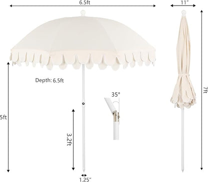 JONATHAN Y Horizon 6.5 ft. Scalloped Fringe Beach Umbrella, Cream | UV 50 Sun Protection, Push Button Tilt, Matching Carry Bag, White Iron Pole, Wind Vent, 8 Fiberglass Ribs, Pointed End