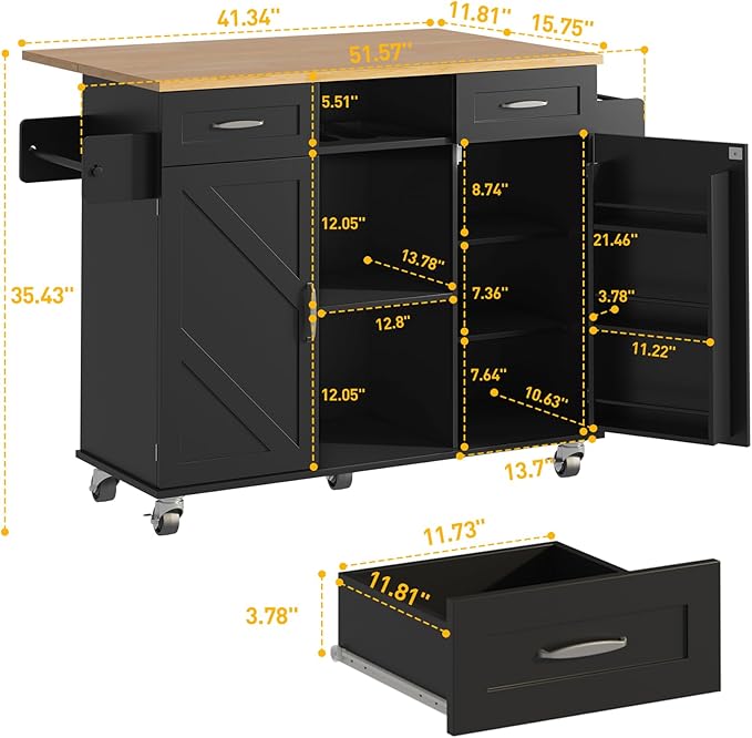 knoworld 51.5'' Rolling Kitchen Island with Storage Cabinet & Drawers, Drop Leaf Kitchen Cart on Wheels, Farmhouse Portable Mobile Islands, Large Butcher Block Table with Tower/Spice Rack, Black