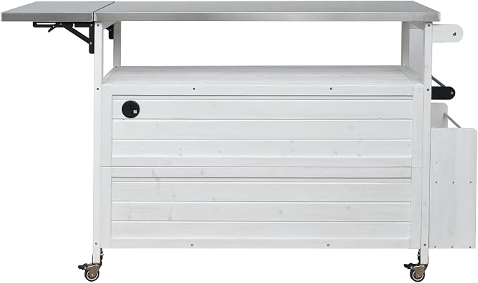 JIVOIT Outdoor Fir Wood Kitchen Island with Foldable Stainless Steel Top, Patio Mobile Kitchen Cart Portable Outdoor Cooking Island with Lockable Wheels, Storage Cabinet and Towel Rack (White/124)
