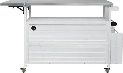 JIVOIT Outdoor Fir Wood Kitchen Island with Foldable Stainless Steel Top, Patio Mobile Kitchen Cart Portable Outdoor Cooking Island with Lockable Wheels, Storage Cabinet and Towel Rack (White/124)