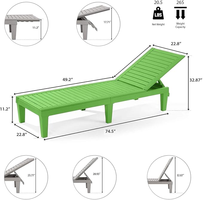 Nestl Sun Tanning Chair - Lime Green Chaise Lounge Chair Outdoor, Lightweight Pool Lounge Chairs Set of 2, Adjustable 5-Position Reclining Lawn Chair, Waterproof Beach Outdoor Lounge Chairs