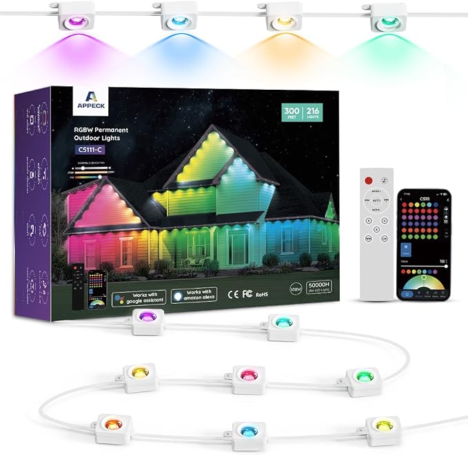 APPECK RGBW Permanent Outdoor Lights 300ft, 40ML, with 216 LED Bulbs, White | IP67 Waterproof, 111 Scene Modes, 2700K Warm White, Music Sync, Individual Control, Eave Lights Compatible with Alexa