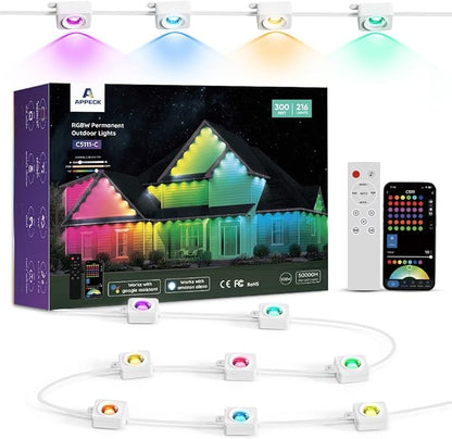 APPECK RGBW Permanent Outdoor Lights 300ft, 40ML, with 216 LED Bulbs, White | IP67 Waterproof, 111 Scene Modes, 2700K Warm White, Music Sync, Individual Control, Eave Lights Compatible with Alexa