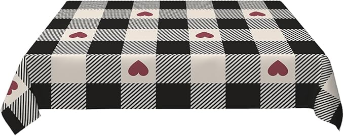 Decorative Rectangle Table Cloths Checkered Valentines Black Plaid Red Heart Tablecloth Table Cover for Dining/BBQ/Picnic/Coffee Table 52 X 70 Inches