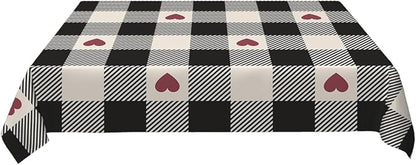 Decorative Rectangle Table Cloths Checkered Valentines Black Plaid Red Heart Tablecloth Table Cover for Dining/BBQ/Picnic/Coffee Table 52 X 70 Inches