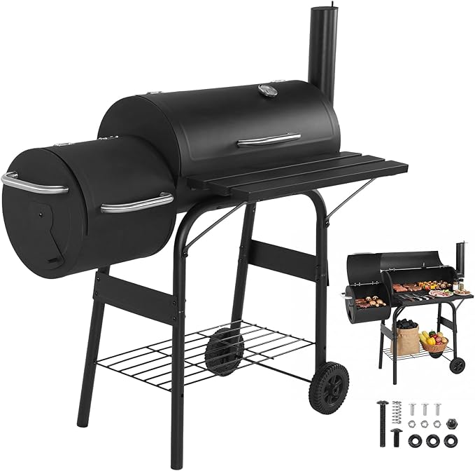 Offset Smoker Charcoal Grill 192 SQ.IN. Heavy-Duty BBQ Barrel Grill Extra Large Smoker Grills for Patio Picnics Camping Backyard Cooking