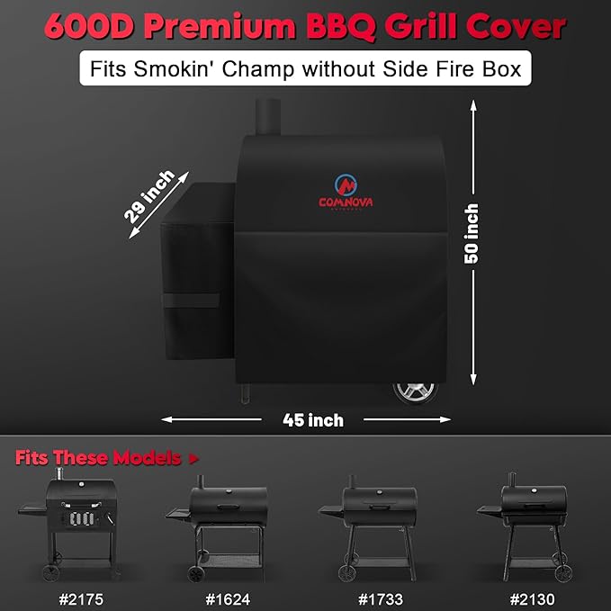 Comnova Grill Cover for Char Griller Smokin' Champ without Side Fire Box - 600D Waterproof Grill Cover Fits Smokin Champ 1624, Offset Smoker 1733, Blazer 2130, Classic 2175 Model - 45"L x 29"W x 50"H