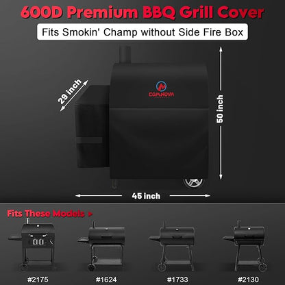Comnova Grill Cover for Char Griller Smokin' Champ without Side Fire Box - 600D Waterproof Grill Cover Fits Smokin Champ 1624, Offset Smoker 1733, Blazer 2130, Classic 2175 Model - 45"L x 29"W x 50"H